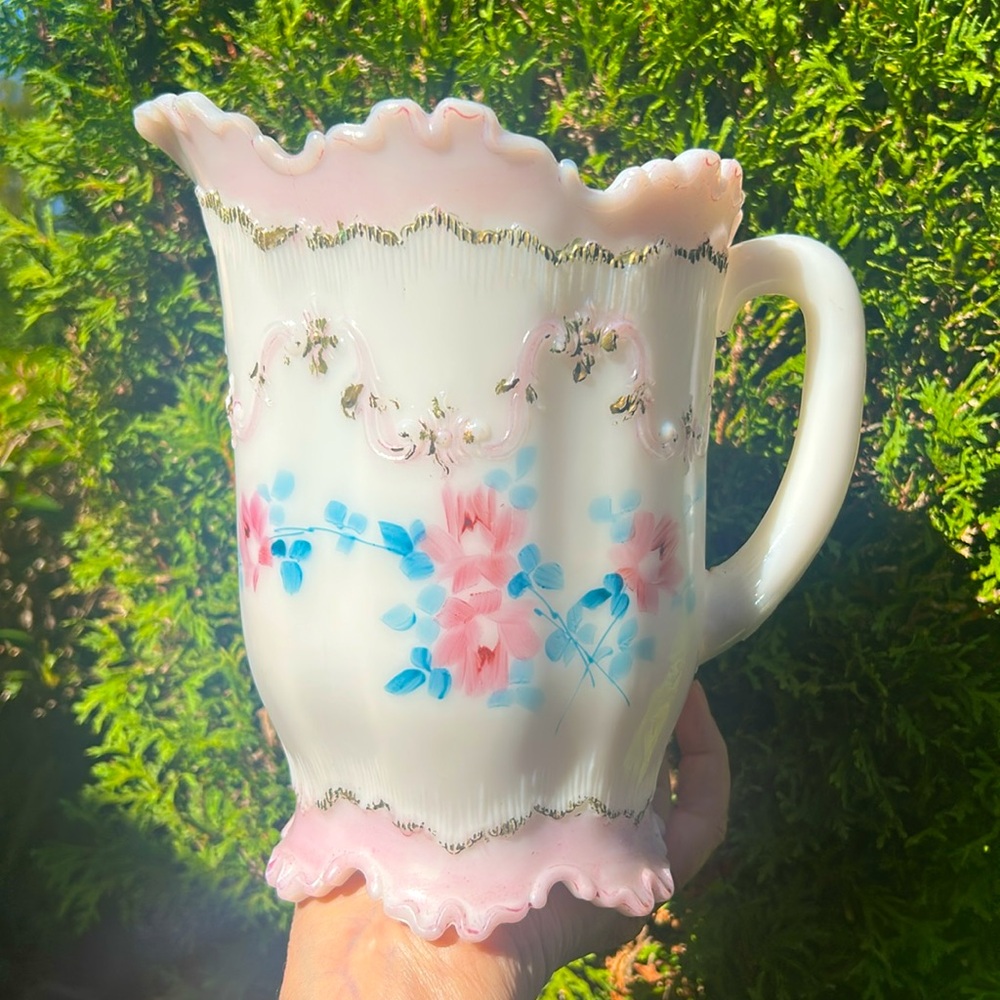 Antique Dithridge Versailles Milk Glass Pitcher 2 Cups Victorian-Style Design